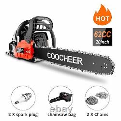 62cc Gas Chainsaw 20in Bar 2-Stroke Handheld Chain Saw with 2 Chains & Carry Bag